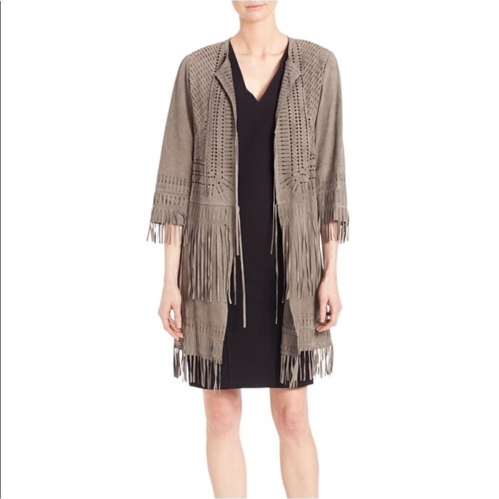 Elie Tahari Harley Lamb Suede Laser-Cut fringe  Coat, Cocoa‎